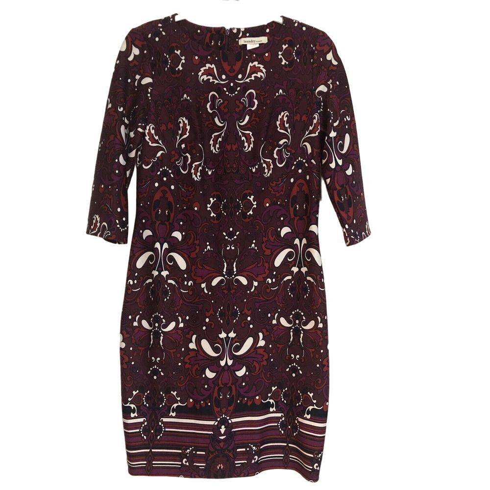 Laundry By Design‎ NWT Midi Dress Printed 3/4 Sleeve Women's Size 8 Boysenberry